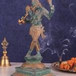 Vintage Brass Vishnu as Lord Krishna Statue with Green Sand Finish - 14.5"